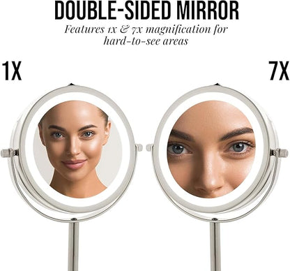 OVENTE 6" Lighted Makeup Mirror with 1X/7X Magnification, Cordless Tabletop Mount Vanity Round Mirror with 360° Swivel Design and Double Sided Cool Tone LED Ring Light, Nickel Brushed MLT60BR1X7X