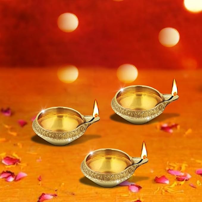 Shubhkart Premium Embossed Brass Diya Set of 3 – Handcrafted Oil Lamp Trio for Home Décor, Prayer Rooms, Yoga Corners, Festive Lighting & Gifting with Engraved Artwork and Heavy-Duty Brass Shine