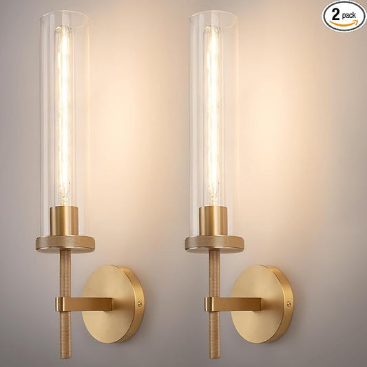 19.5" Knurled Brass Wall Sconces Set of 2, Gold Bathroom Vanity Light Fixtures with Clear Glass Tube, Modern Lamp Lighting for Bedroom, Living Room, Hallway, Staircase, Mirror, Kitchen