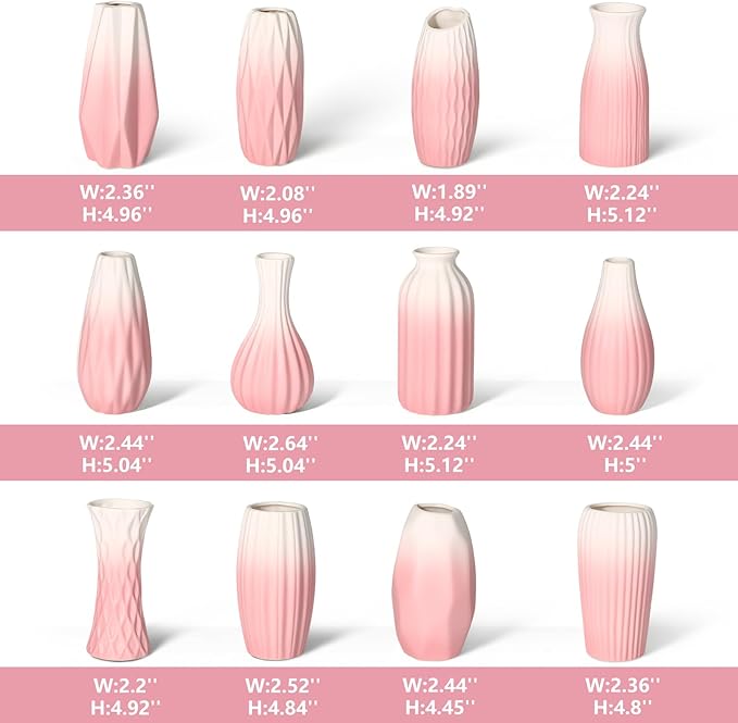 BEAHOT Ceramic Bud Vases Set of 12 – Gradient Pink and White Small Vases for Centerpieces – Elegant Mini White Bud Jars for Weddings, Home Decor, and Table Display – Perfect for Flowers and Gifts