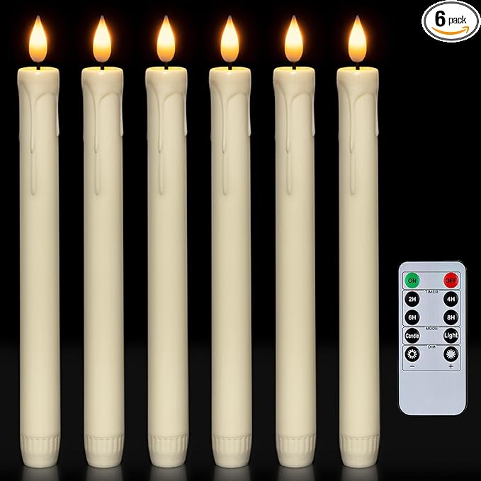 Homemory 6 Pcs Flameless Taper Candles with Remote, Timer, Dimmer, Ivory Battery Operated CandleSticks with Flickering Light, Plastic Led Window Candles, 9.6 Inches for Halloween Christmas Decoration