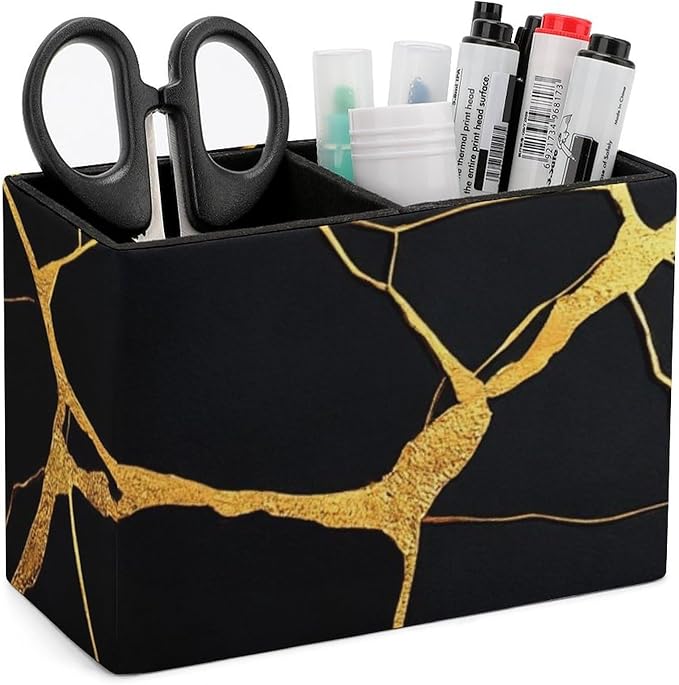 Large Desk Leather Pen Holder Table Pen Organizer Makeup Brush Storage Black Marble Gold Texture