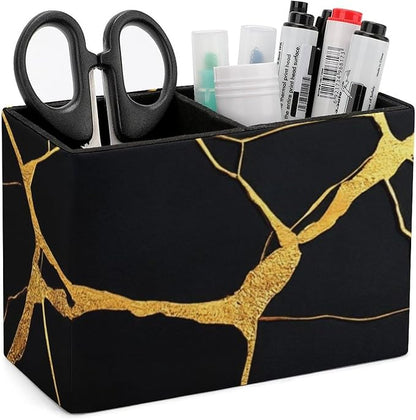 Large Desk Leather Pen Holder Table Pen Organizer Makeup Brush Storage Black Marble Gold Texture