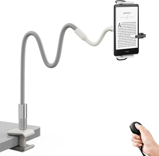 SAIJI Gooseneck Kindle Holder with Remote Page Turner, Tablet Holder for Bed, 100 cm Flexible Lazy Arm，Free Hands Kindle Accessories, Leather Tablet Stand for Reading in Bed, Gray