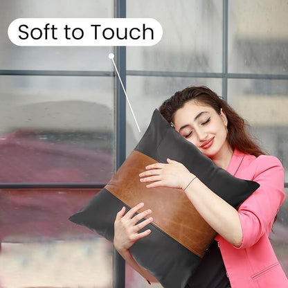LL LEATHER LOVERS Lambskin Leather Pillow Cover - Sofa Cushion Case - Decorative Throw Covers for Living Room & Bedroom, 16x16 Inches - Black & Tan Crunch Pack of 2
