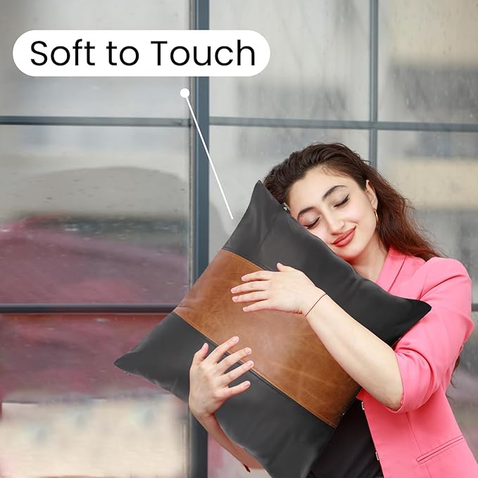 LL LEATHER LOVERS Lambskin Leather Pillow Cover - Sofa Cushion Case - Decorative Throw Covers for Living Room & Bedroom, 16x16 Inches - Black & Tan Crunch Pack of 1