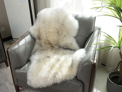 HUAHOO Premium Genuine Sheepskin Rug White Grey Real Australia Sheepskin Natural Luxury Fluffy Lambskin Fur Area Rug Seat Covers for Kids Bedroom Pets Dogs Mat Single Pelt/2'x 3' Wolf Tip