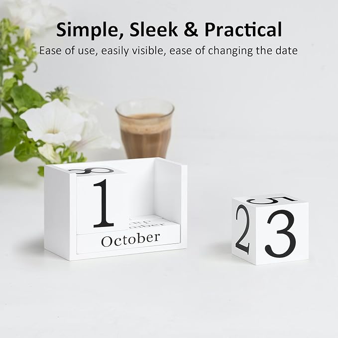 Wooden Block Calendar for Desk, Large Size Daily Desktop Perpetual Desk Calendar, Cute Date Display Desk Accessories for Home Office Decor, Teacher, Classroom, Reusable Yearly, White