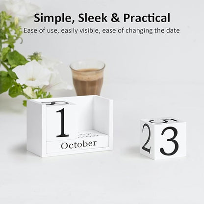 Wooden Block Calendar for Desk, Large Size Daily Desktop Perpetual Desk Calendar, Cute Date Display Desk Accessories for Home Office Decor, Teacher, Classroom, Reusable Yearly, White