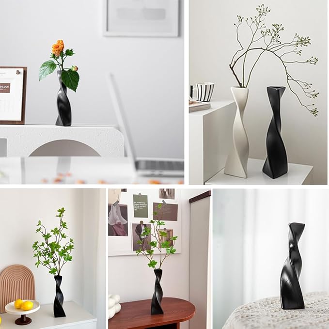 Bud Vase Small Ceramic Bud Vase Single Flower Stem Vase for Modern Home Decor for Centerpieces Twist Minimalism Style Vase Home Decorative Floral Centerpiece for Wedding and Office (Black)