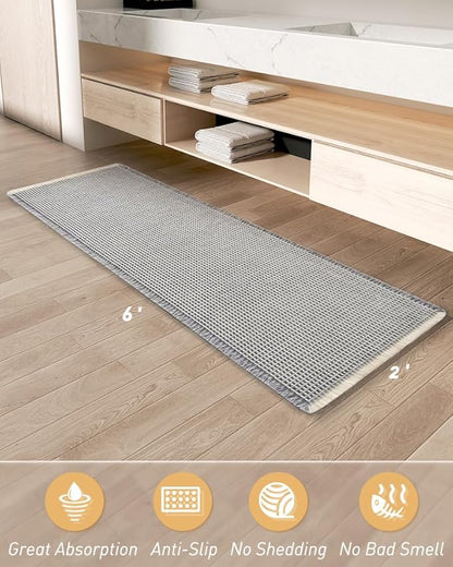 AMOAMI Upgraded Waffle Runner Rug Super Absorbent Non Slip Bath Mats for Bathroom Machine Washable Bathroom Runner Rug with Tassels, Ideal for Hallway Bedroom Laundry Room, 2' x 6', LightGrey & Cream