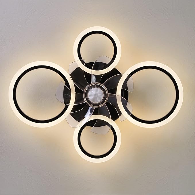 HuixuTe 26" Geometric Ceiling Fan with Lights Remote Control, 3 Colors, 6 Speeds, Bladeless, Low Profile for Kitchen, Bedroom