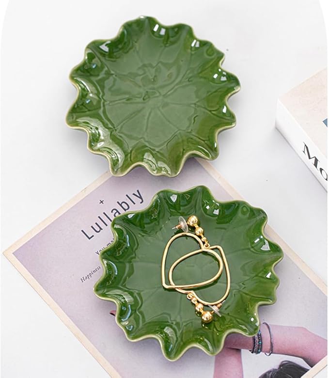 Ceramic Jewelry Tray, Decorative Trinket Dish for Rings Earrings Necklaces Bracelet Watch Keys, Birthday Mother's Day Christmas Thanksgiving Gift for Women, 4.7", Green Lotus Leaves