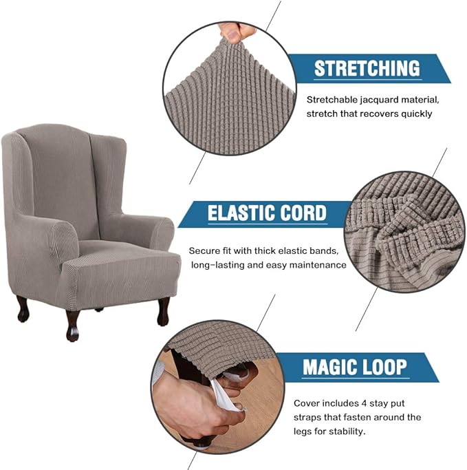 H.VERSAILTEX Wing Chair Slipcover Chair Covers for Wingback Chairs Wingback Chair Covers Slipcovers 1 Piece Stretch Sofa Cover Furniture Protector Soft Spandex Jacquard Checked Pattern, Taupe