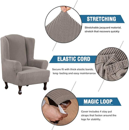 H.VERSAILTEX Wing Chair Slipcover Chair Covers for Wingback Chairs Wingback Chair Covers Slipcovers 1 Piece Stretch Sofa Cover Furniture Protector Soft Spandex Jacquard Checked Pattern, Taupe