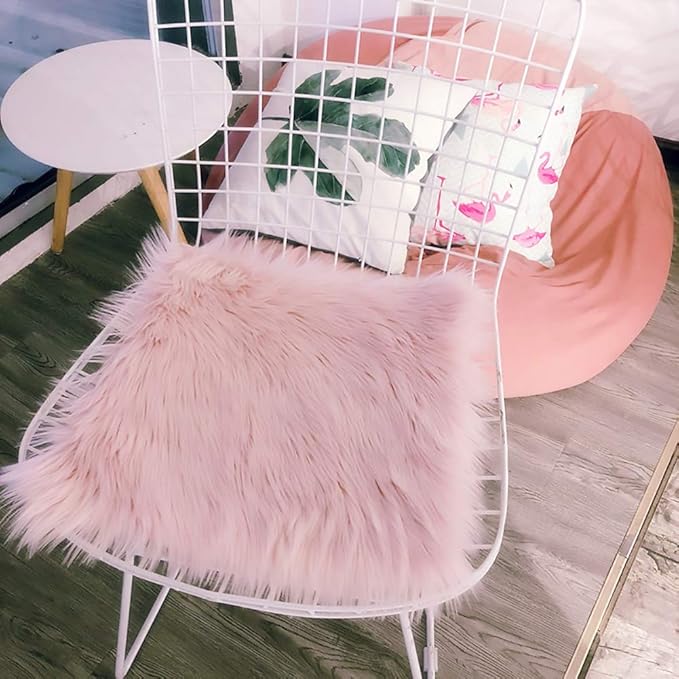 Softlife Pink Faux Fur Sheepskin Chair Cover Seat Cushion Pad Super Soft Area Rugs for Living Bedroom Sofa Dorm (1.6ft x 1.6ft)