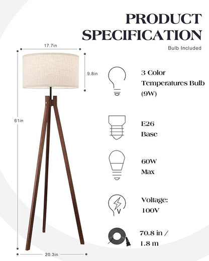 ELYONA Wood Tripod Floor Lamp, Mid Century Reading Standing Lamp with 3 Color Temperatures & Linen Shade, Modern Night Light for Bedroom, Farmhouse, Living Room, Office, 9W LED Bulb Included, Brown