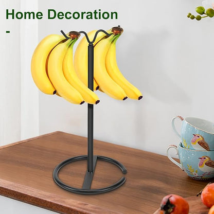 Double Hooks Standing Banana Holder, Banana Hanger Tree Stand Hook for Kitchen Countertop, Sturdy and Balanced Fruit Shelves with Storage on Both Sides.(Black)
