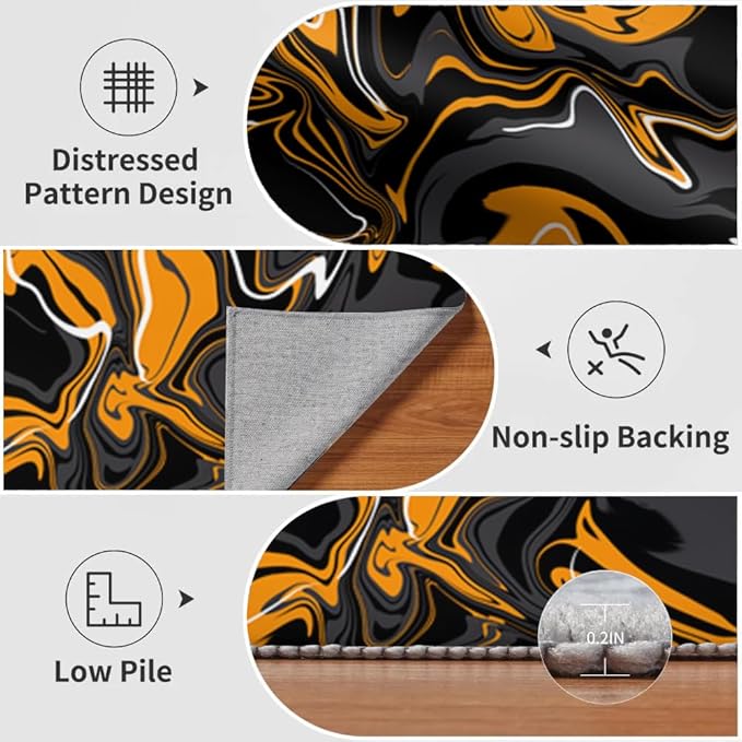 Abstract Orange Black Rug 5.3x6.7 Area Rugs Fluid Swirl Stripes Rugs Non Slip Non Shedding Print Washable Floor Carpet for Living Room Bedroom Kids Room Office Study Foyer Hallway