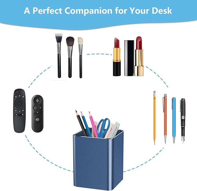 Pen holder,square pen cup, Metal pen pencil holder, desktop pencil cup stationery organization office desktop accessories, suitable for office, school, home and stationery supplies. (blue)