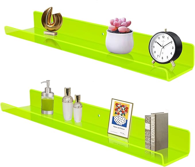 ROYALITA 24 Inches Acrylic Floating Book Shelves Wall Mounted Set of 2, Wall Hanging Plant Display Shelves, Room Decor Floating Wall Shelves for Gaming Room, Bedroom, Living Room, Office, Gree