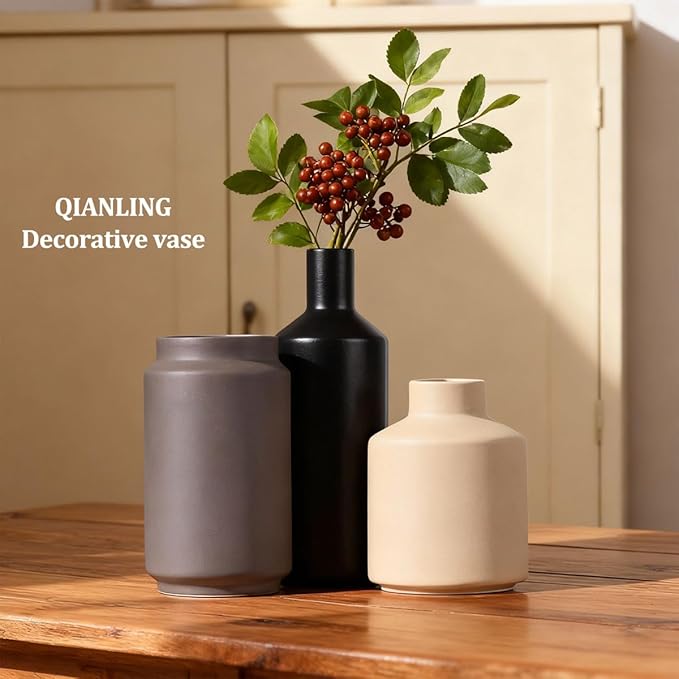 Ceramic Vase Set of 3 - Modern Neutral Vases Home Decor, Minimalism Decorative Vases, Boho Decor Small Flower Vase for Shelf, Dining Table Entryway Mantel Centerpiece Bookshelf Living Room Bathroom