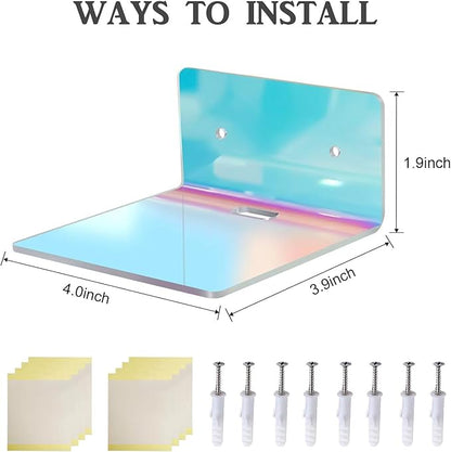 4 Pack Iridescent Small Wall Shelf, 4'' Acrylic Shelves Display Ledges for Storage & Decoration, Small Floating Shelf for Wall with 2 Types of Installation (Adhesive or Screw)