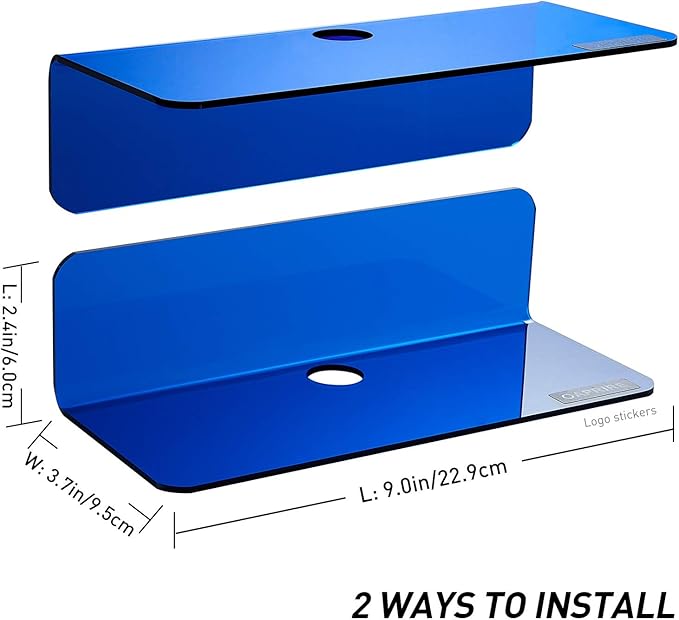 OAPRIRE Small Floating Wall Shelves Set of 2 - Personalize&Easily Expand Wall Space - 9 Inch Acrylic Wall Shelf for Bedroom, Gaming Room, Living Room, Bathroom, Office, with Cable Clips - Clear Blue
