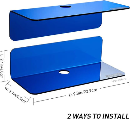 OAPRIRE Small Floating Wall Shelves Set of 2 - Personalize&Easily Expand Wall Space - 9 Inch Acrylic Wall Shelf for Bedroom, Gaming Room, Living Room, Bathroom, Office, with Cable Clips - Clear Blue