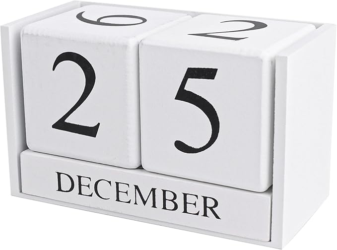 AUEAR, Wooden Block Perpetual Desk Calendar Desktop Cube Rustic Chic Number for Home Office Decoration Large (White)