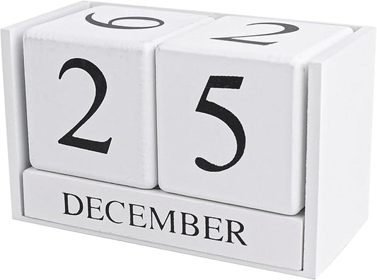 AUEAR, Wooden Block Perpetual Desk Calendar Desktop Cube Rustic Chic Number for Home Office Decoration Large (White)