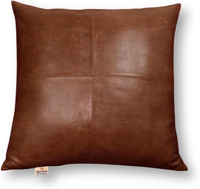 Lambskin Leather Pillow Cover - Sofa Cushion Case - Decorative Throw Covers for Living Room & Bedroom, 16x16 Inches - Tan & Brown Plain Pack of 1