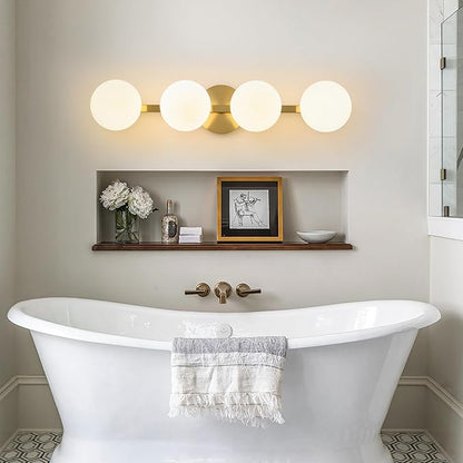 Bathroom Vanity Mirror Light Fixtures: 4 Lights Bath Wall Sconce Lighting - Brass Gold Vanity Lights with Milk Glass Shade - Modern Minimalist Makeup Light Fixture Above Mirror for Hallway E26 Base