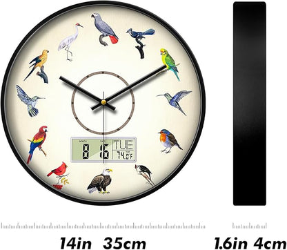 Silent Modern Digital Clock with Week and Date Temperature Funny Birds Large Display Clock Battery Operated LCD Wall Clocks Non-Ticking Clocks for Bathroom Kitchen Living Room Decor 14 Inch