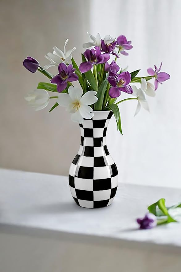Black and White Ceramic Vase, 11" Tall Black Checkered Vase in Wide Mouth, Large Decorative Flower Vases for Decor Living Room, Table Centerpiece, Dining Room, Entryways, Wedding Decor, Porcelain Vase