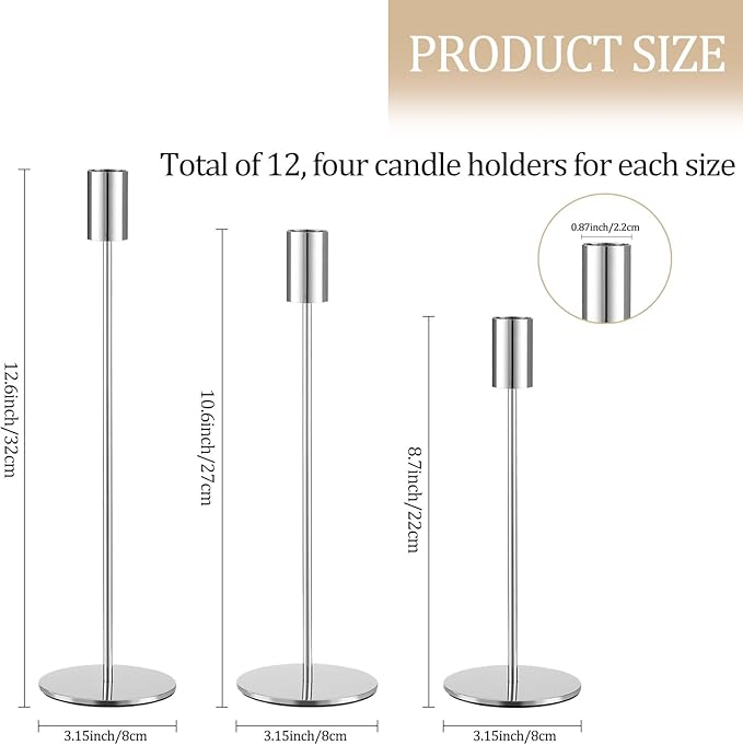 Set of 12 Silver Taper Candle Holders, Tall Candle Holder, Metal Silver Candlestick Holders, Fits 3/4 inch Thick Candle&Led Candles, for Table Centerpiece, Wedding, Dinning, Party Home Decor