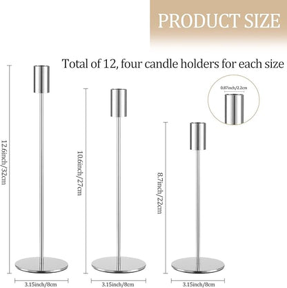 Set of 12 Silver Taper Candle Holders, Tall Candle Holder, Metal Silver Candlestick Holders, Fits 3/4 inch Thick Candle&Led Candles, for Table Centerpiece, Wedding, Dinning, Party Home Decor