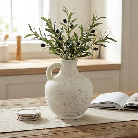 Sunddo White Ceramic Vase with Handles, Rustic Farmhouse Terracotta Small Vase, Pottery Decorative Flower for Home Decor, Table, Living Room, Bathroom, Shelf, Mantel Decor