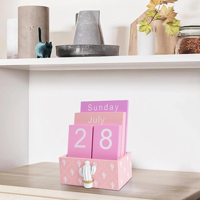 Notakia Perpetual Calendar Wooden Blocks Vintage Wood Block Calendar for Home Office Desk Accessories Week Month Date Display (Pink Calendar)