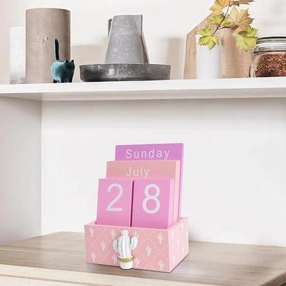 Notakia Perpetual Calendar Wooden Blocks Vintage Wood Block Calendar for Home Office Desk Accessories Week Month Date Display (Pink Calendar)