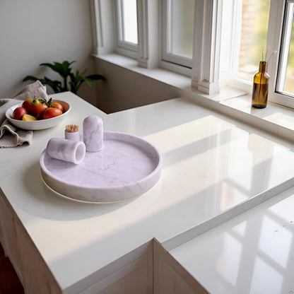 Carrara White Marble Tray Round 10 Inch, Natural Stone Perfume & Dessert Tray, Elegant Serving & Display Plate for Home, Vanity, 2 cm Deep, Non-Slip Base