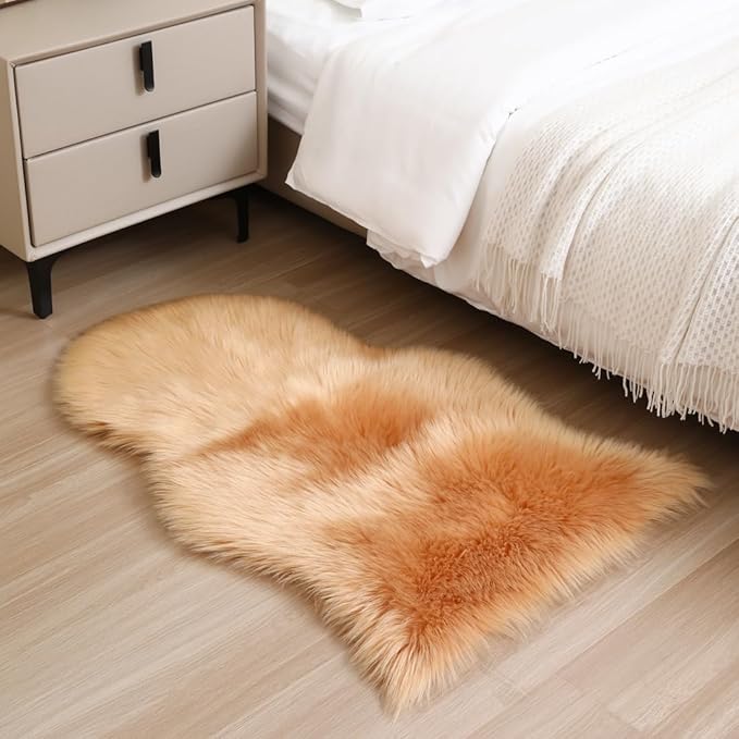 Faux Fur Small Rug 2 x 3 ft Brown Shaggy Sheepskin Machine Washable Fuzzy Area Rug Super Soft Fluffy Plush Carpet for Bedroom Living Room Floor Nursery Kids Room Bedside Rug