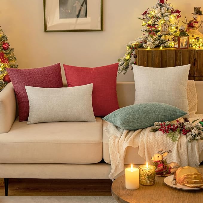 MIULEE Pack of 2 Decorative Linen Burlap Pillow Covers Farmhouse Accent Pillowcases for Sofa Car Couch Bedroom Living Room Decor 20x20 Inch Christmas Red