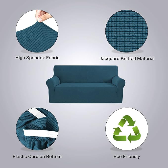 H.VERSAILTEX Stretch Couch Covers for 3 Cushion Couch Sofa Slip Covers for Living Room Feature Thick Checked Jacquard Fabric with Elastic Bottom, Sofa Large - Deep Teal
