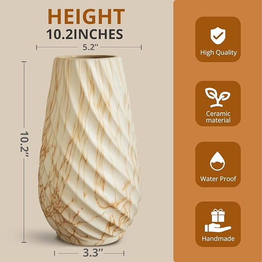 10 inch Tall Ribbed Ceramic Vase for Flowers,Boho Vases for Pampas Grass,Fluted vase,Simple Modern Decorative Vase for Home Decor Table Centerpieces (Pink Stripe)