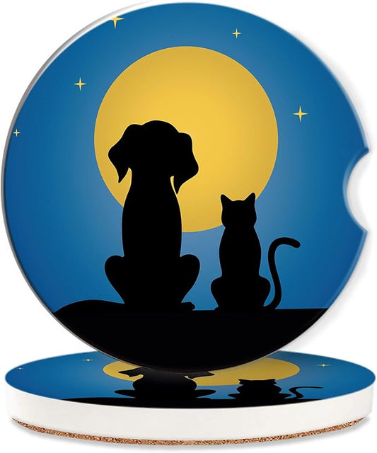 Dog Cat Car Cup Holder Coaster,Moon Night Starry Sky Car Coasters for Cup Holder,2 PCS Absorbent Insert Ceramic Car Assecories with Cork Back & Finger Notch for Women Men