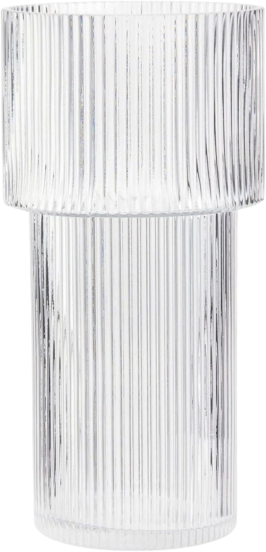 Large Glass Vase, 12 Inches Tall Vase for Flowers, Flower Vases for Bouquet, Modern Ribbed Glass Vases for Living Room, Dining Table, Office, Entryway, Mantle, Shelf, Wedding Gifts
