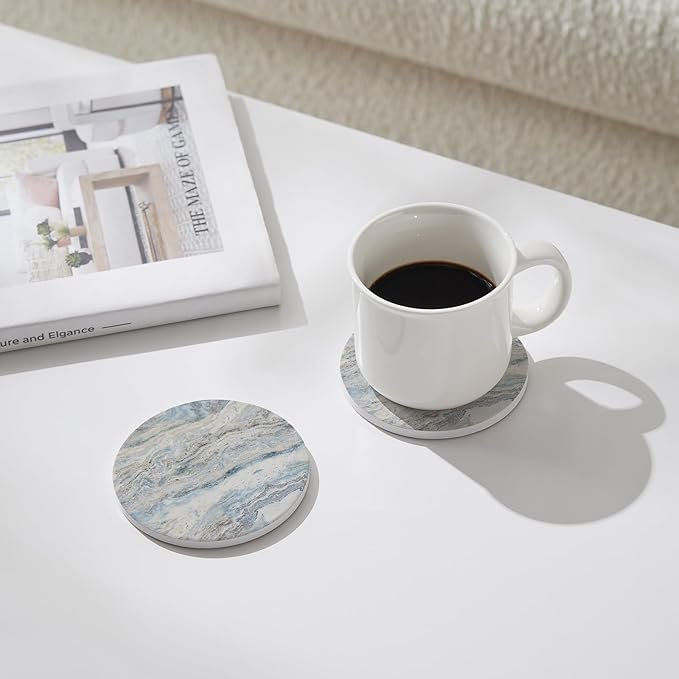 Set of 6 Mix Color Abstract Onyx Marble Coasters with Holder, Absorbent Ceramic Coasters for Drinks, Coasters with Cork Backing for Table Protection, Home Decor, Coffee Table Decor