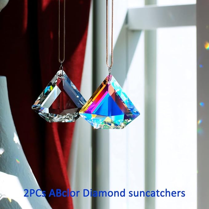 2PCS Clear Diamond Crystal Sun Catcher Prisms, stino Hanging Suncatchers with Glass Prism, Rainbow Maker for Windows, Balcony, Kitchen, Garden Decoration (1, Diamond ABColor 2Pcs)