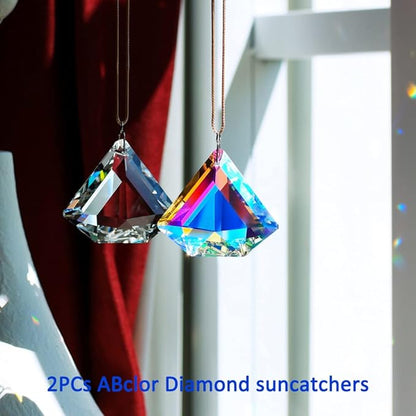 2PCS Clear Diamond Crystal Sun Catcher Prisms, stino Hanging Suncatchers with Glass Prism, Rainbow Maker for Windows, Balcony, Kitchen, Garden Decoration (1, Diamond ABColor 2Pcs)